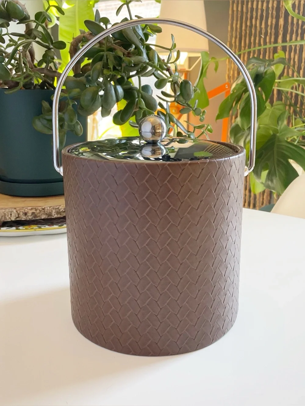 Vintage MCM Kraftsware Brown Braided Leather Ice Bucket | Made in USA